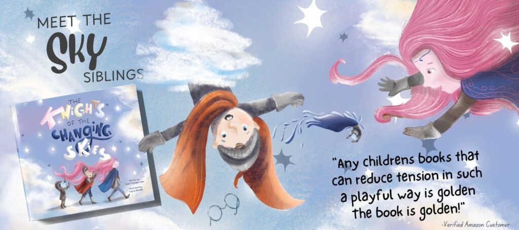 Illustration of three siblings walking through magical skies, from the book “Knights of the Changing Skies,” about love, resilience, and the balance of nature.