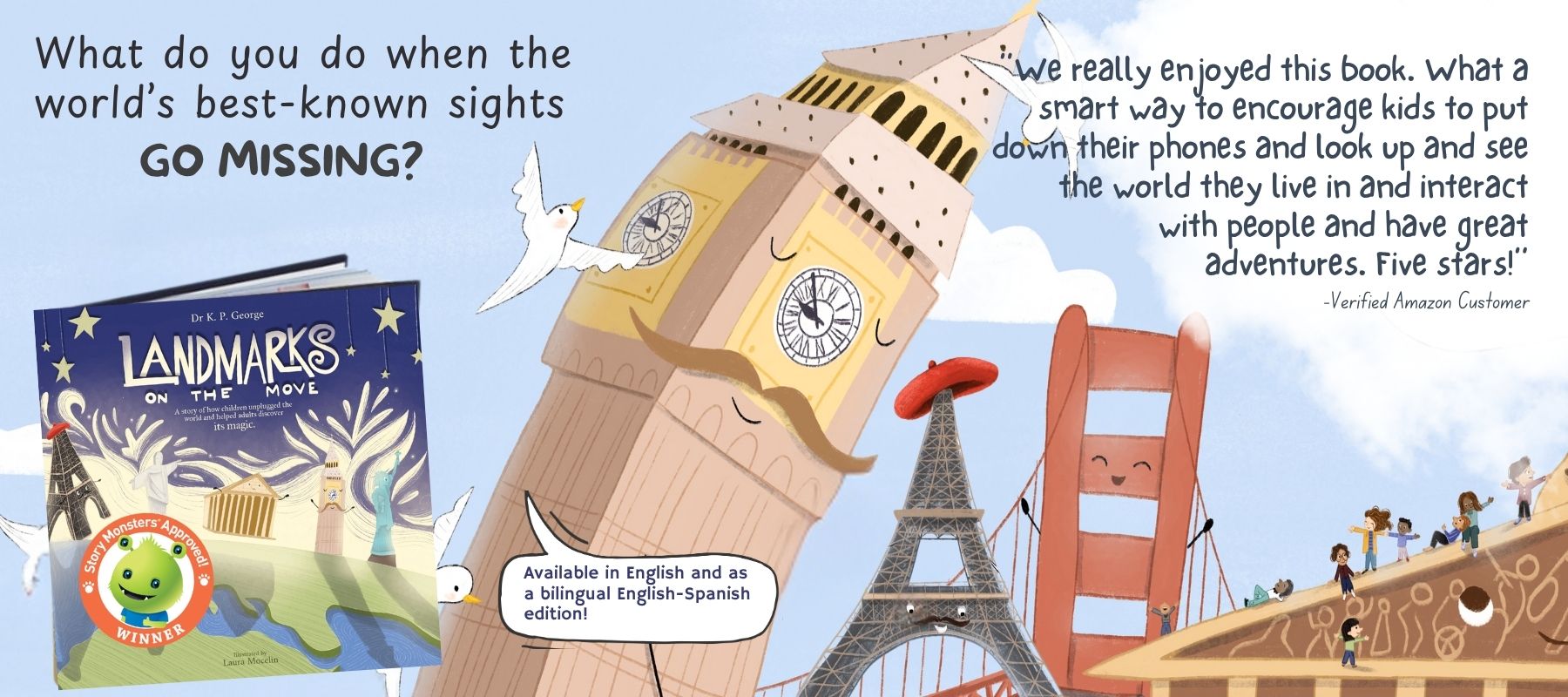 Illustration from “Landmarks on the Move,” showing world monuments coming to life and trading places because people stopped noticing them — a story about mindfulness, wonder, and the power of seeing the world through a child’s eyes.