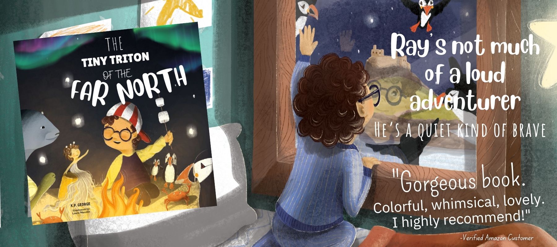 Illustration from “The Tiny Triton of the Far North,” showing a young sea spirit exploring icy waters and northern lights.