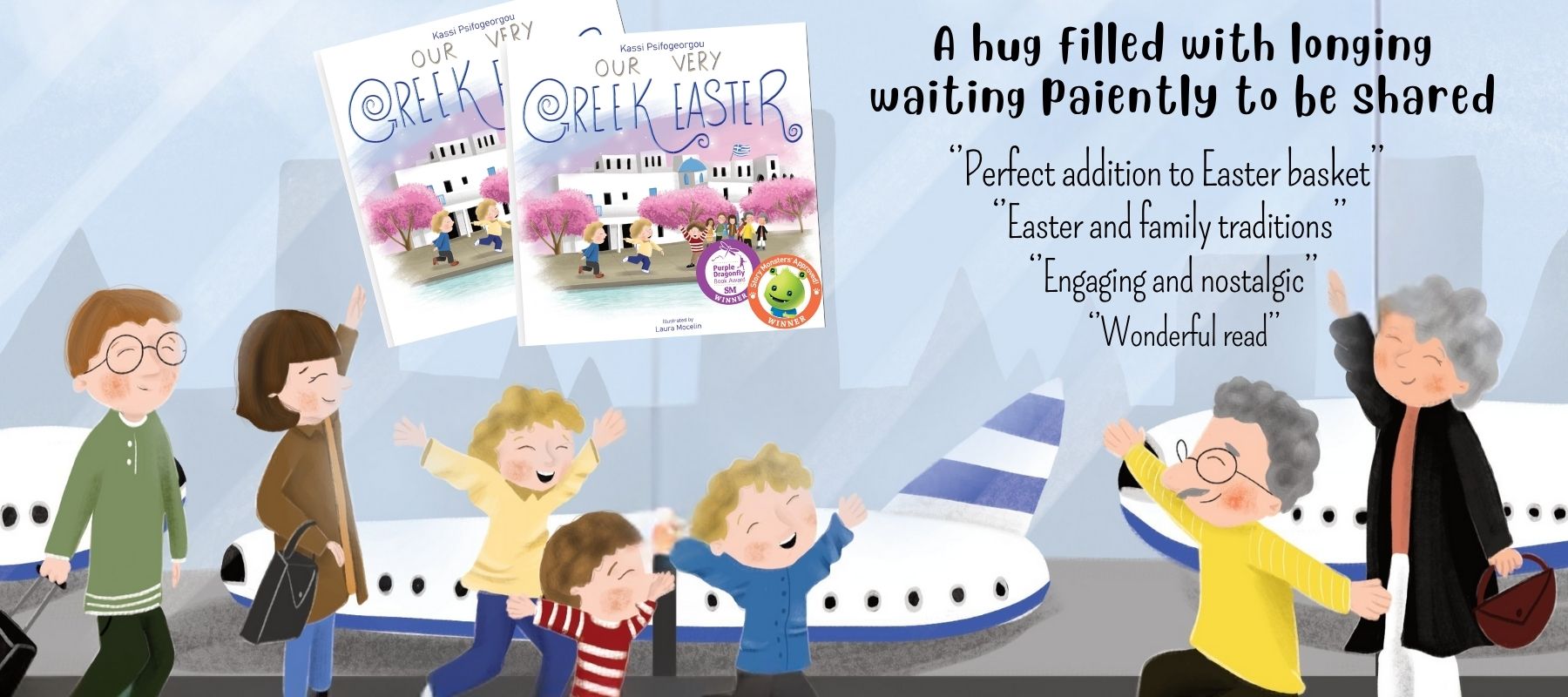 Illustration from “My Greek Roots: Easter Traditions,” showing children meeting their grandparents.