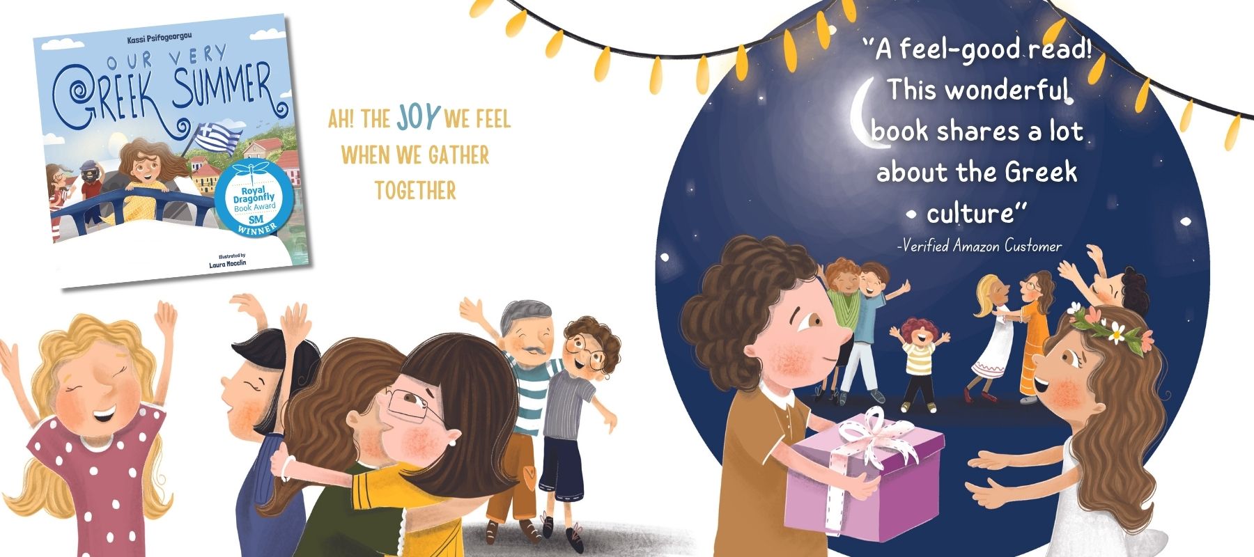 Illustration from “Our Very Greek Summer & a Very Greek Baptism,” featuring children enjoying island adventures and family celebrations.