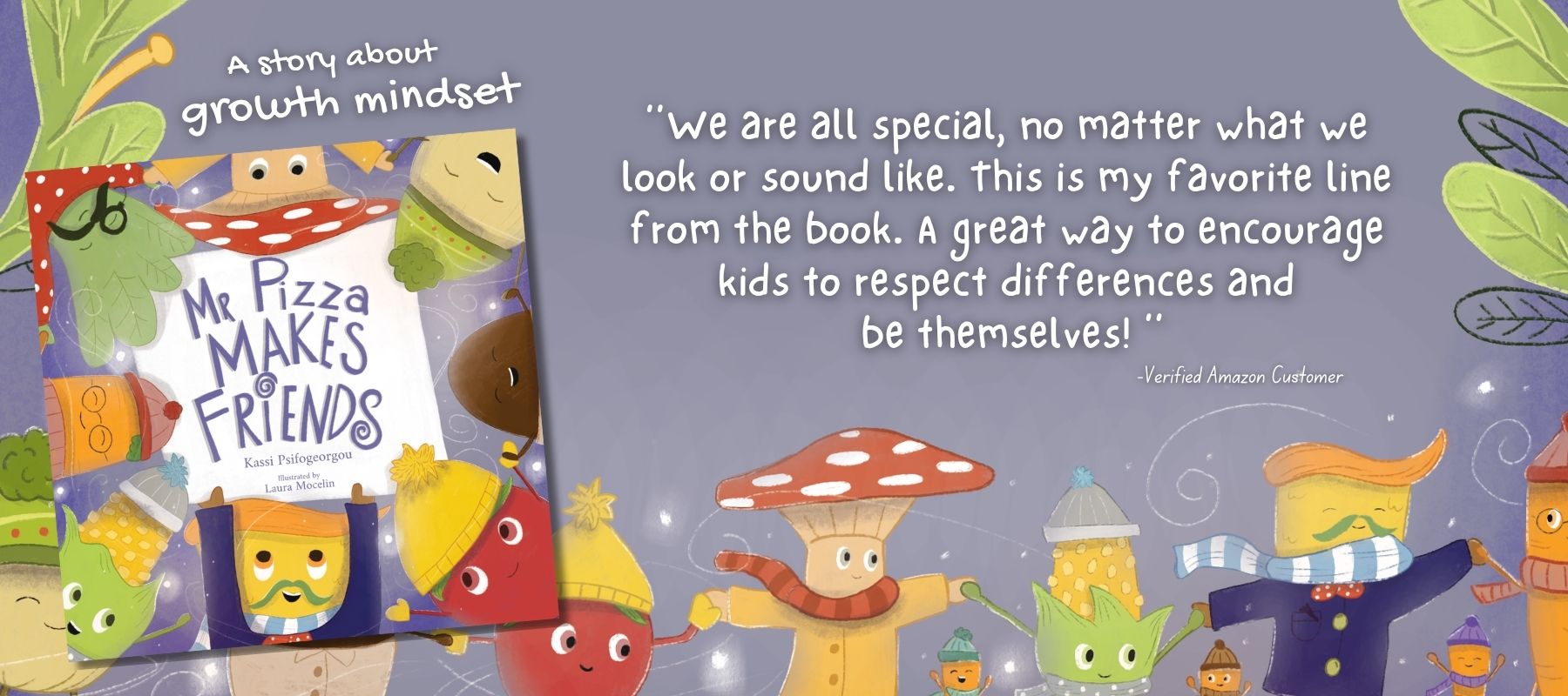 Illustration from “Mr Pizza Makes Friends,” featuring Mr Pizza and his food friends in the cheerful world of Foodland.