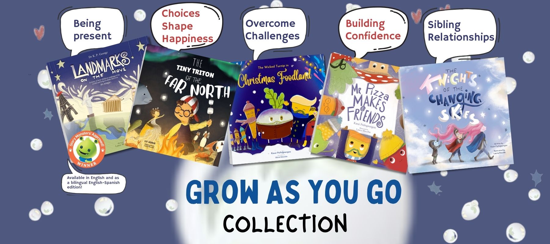 Banner of the Grow As You Go children’s book series by Kassi Psifogeorgou.